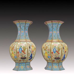A Pair of Rare Painted Enamel Flower and Fruit Pattern Vases