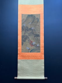 A Chinese Vertical Scroll Ink Painting of Pine and Crane on Silk