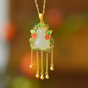 An Exquisite Sterling Silver-Gold Plated Inlaid White Jade Pendant