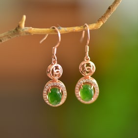 A Pair of Exquisite Sterling Silver-Gold Plated Inlaid Jasper Earrings,Inlaid Diamond