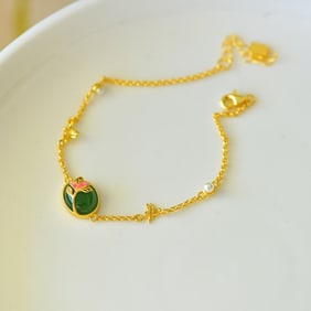 An Exquisite Sterling Silver-Gold Plated Inlaid Jasper Enamel Bracelet,Inlaid Pearl