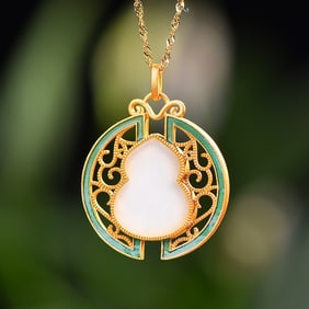 An Exquisite  Sterling Silver-Gold Plated Inlaid White Jade Enamel Necklace