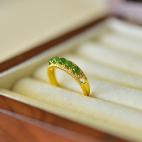 An Exquisite Sterling Silver-Gold Plated Inlaid Jasper Ring,Inlaid Diamond