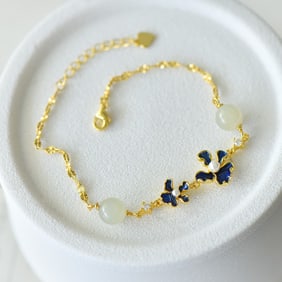 An Exquisite Sterling Silver Inlaid White Jade Flower Pattern Bracelet