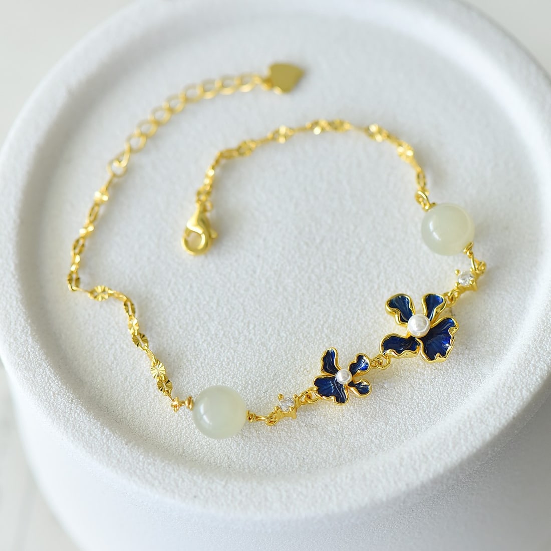 An Exquisite Sterling Silver Inlaid White Jade Flower Pattern Bracelet (1 of 4)