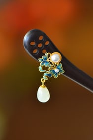 An Exquisite Sterling Silver-Gold Plated Inlaid White Jade Enamel Ebony Hairpin,Inlaid Pearl