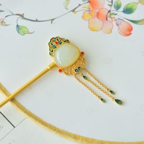 An Exquisite Sterling Silver-Gold Plated Inlaid White Jade Enamel Hairpin