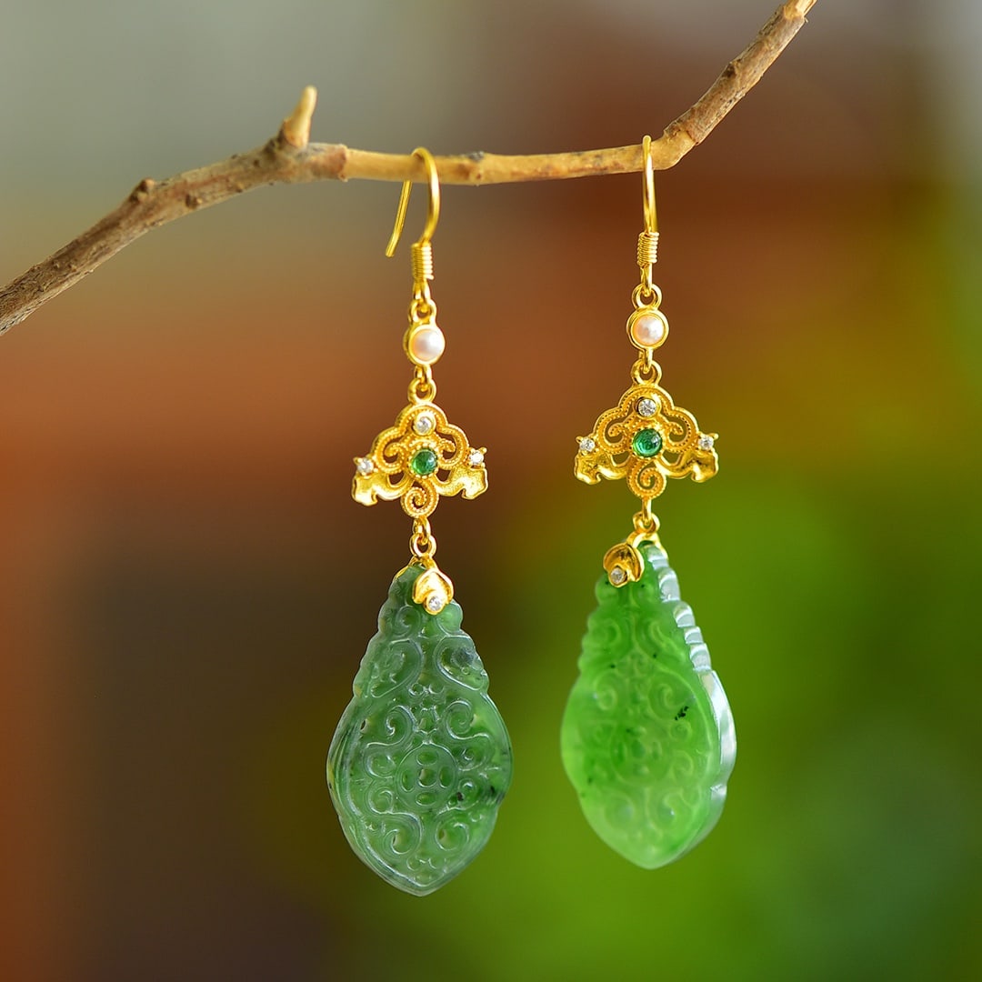 A Pair of Exquisite Sterling Silver-Gold Plated Inlaid Jasper Earrings,Inlaid Diamond: A Pair of Exquisite Sterling Silver-Gold Plated Inlaid Jasper Earrings,Inlaid Diamond 