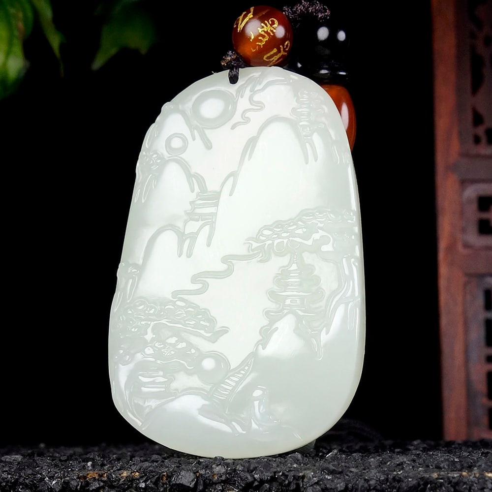 An Exquisite White Jade Landscape Pattern Pendant: An Exquisite White Jade Landscape Pattern Pendant,Size:2inx1.3inx0.3in 白玉山水纹挂件