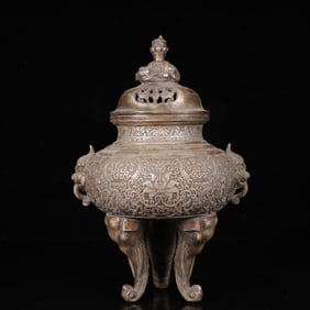 An Exquisite Silver Lotus Pattern Double-Ears and Tripod Censer