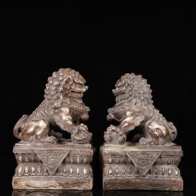 A Pair of Exquisite Silver Flower Pattern Lion Ornaments