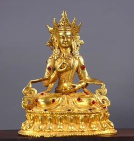 An Exquisite Gilt Bronze Inlaid Gems Buddha Statue