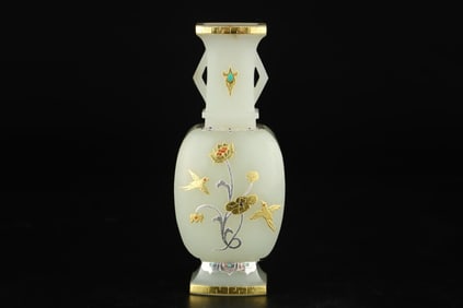 An Exquisite White Jade Inlaid Gold and Silver Flower and Bird Pattern Double-Ears Vase