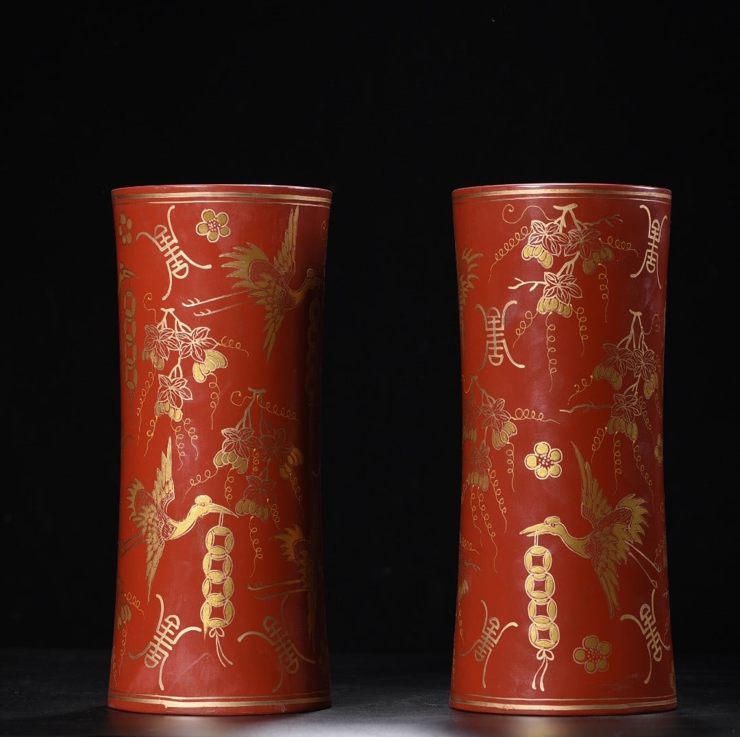 A Pair of Exquisite Carved Red Lacquer Painted Gold Bats and Peach Pattern Crane Pattern Brush Pot (1 of 9)
