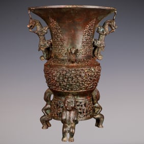 An Exquisite Bronze Double-Ears and Tripod Vase