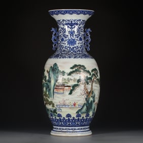 An Exquisite Famille-Rose Blue and White Landscape and Figure Pattern Lotus Pattern Double-Ears Vase