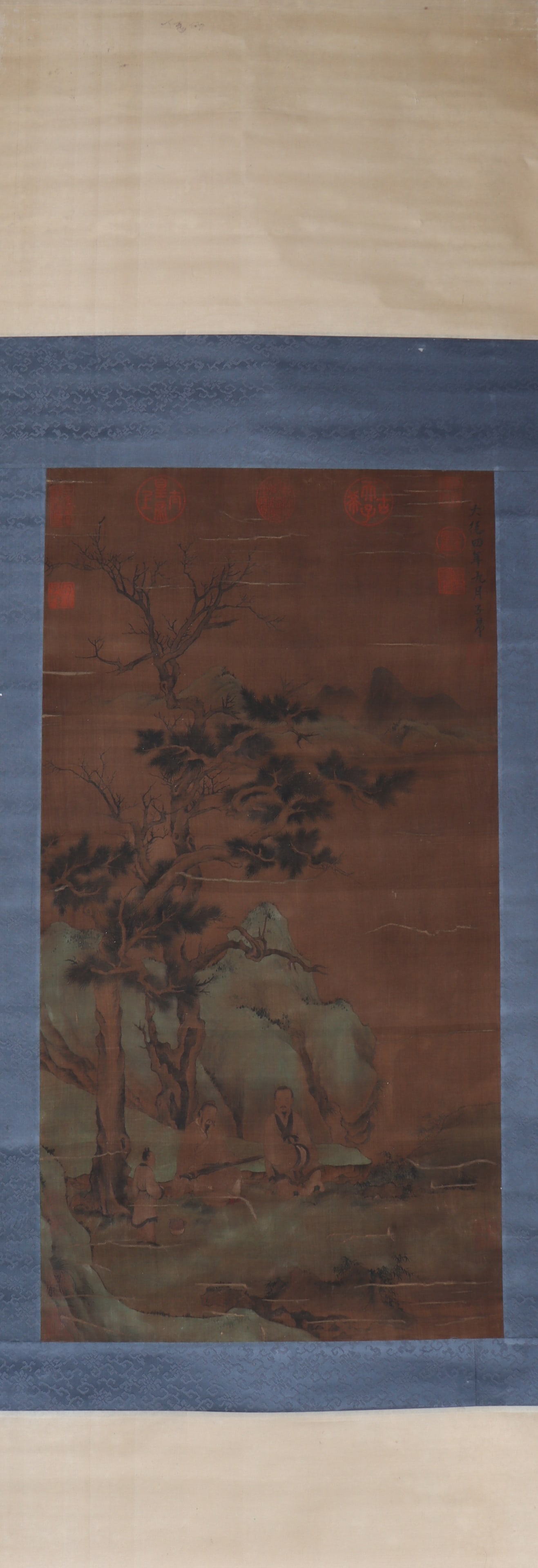 A Chinese Vertical Scroll Ink Painting of Landscape and Figure on Silk: A Chinese Vertical Scroll Ink Painting of Landscape and Figure on Silk Zhao ziang Size:31.1inx16.1in赵子昂风景人物 绢本立轴Size:79cmx4
