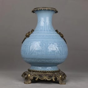 An Exquisite Sky Blue Glazed Inlaid Bronze Double-Ears Vase