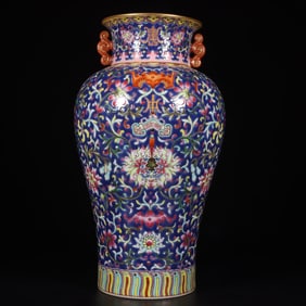 An Exquisite Famille-Rose Painted Gold Lotus Pattern Bats and Peach Pattern Double-Ears Vase