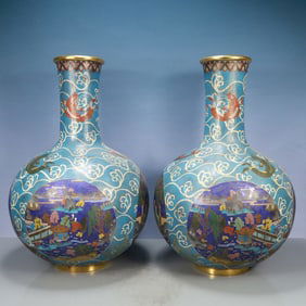 A Exquisite A pair of Cloisonne Fish Pattern Seawater Pattern Character and Story Pattern Vase