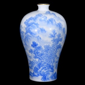 An Exquisite Blue and White Landscape Pattern with poem Vase