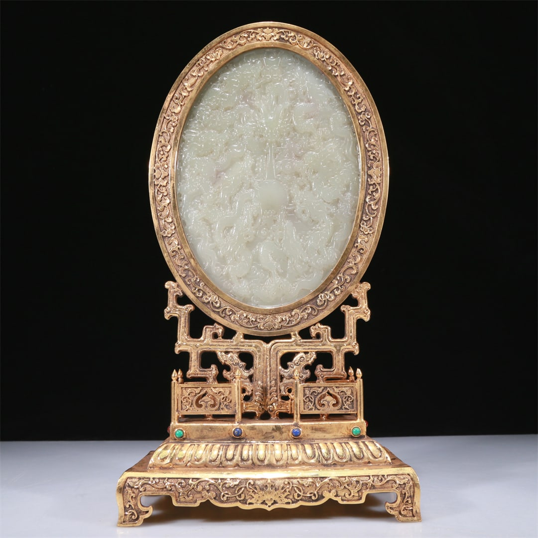 A Fabulous Gilt-Bronze White Jade-Inlaid 'Dragon& Scrolling Lotus' Table Screen With Poem: A Fabulous Gilt-Bronze White Jade-Inlaid 'Dragon& Scrolling Lotus' Table Screen With Poem Inscriptions. Of an ellipse shape, body carved with sinuous, scaly dragons. Chinese Qing Dynasty. Marked.