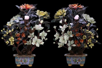 A Pair of Exquisite Cloisonne Inlaid Gems Bonsai Ornament