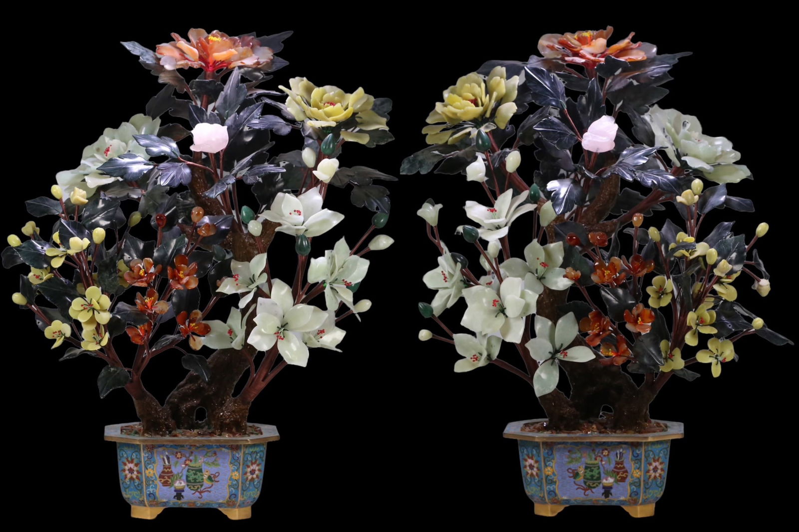 A Pair of Exquisite Cloisonne Inlaid Gems Bonsai Ornament: A Pair of Exquisite Cloisonne Inlaid Gems Bonsai Ornament Qing Dynasty, China Size:29.5inx23.6inx18.1in Weight:25000g景泰蓝盆玉石花卉盆景