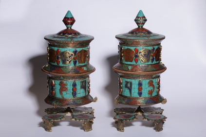 A Pair of Exquisite Cloisonne Inlaid Gems Eight Treasures Pattern Censer