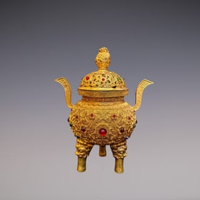An Exquisite Gilt Bronze Inlaid Gems Lotus Pattern Double-Ears Tripod Censer