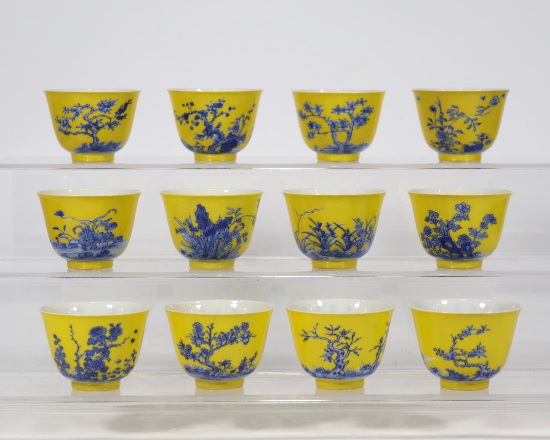 A Pair of Exquisite Blue and White Flower Pattern with poem Cup: A Pair of Exquisite Blue and White Flower Pattern with poem Cup Qing Dynasty, China Kangxi Six-character Mark Size:2inx2.7in黄底青花十二花神杯 