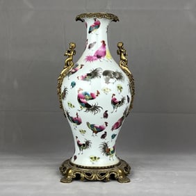 An Exquisite Famille-Rose Inlaid Bronze Rooster Pattern Double-Ears Vase