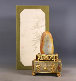 An Exquisite Gilt Silver Inlaid White Jade Landscape and Figure Pattern with poem Ornament