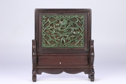 An Exquisite Zitanwood Inlaid Jasper Dragon Pattern Screen