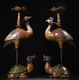 A Pair of Exquisite Cloisonne Turtle and Crane-Shaped Candlestick