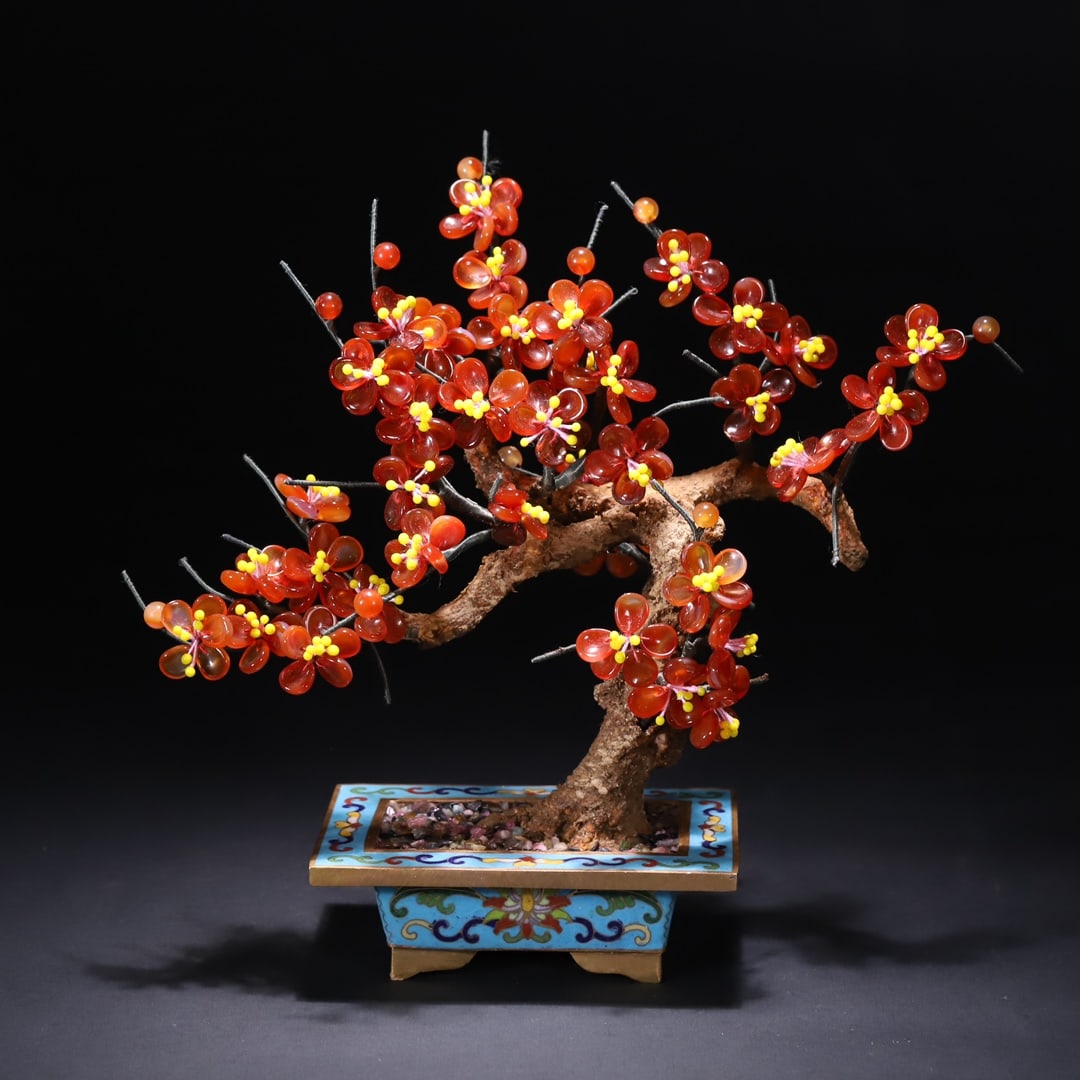 An Exquisite Cloisonne Inlaid Agate Bonsai: An Exquisite Cloisonne Inlaid Agate Bonsai Qing Dynasty, China Size:10.2inx4.7inx10.6in景泰蓝玛瑙梅花盆景 中国清代 Size:26