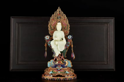 An Exquisite Gilt Bronze Inlaid White Jade Buddha Statue Ornament