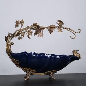 An Exquisite Ji Blue Glazed Inlaid Bronze Flower and Bird Pattern Plate