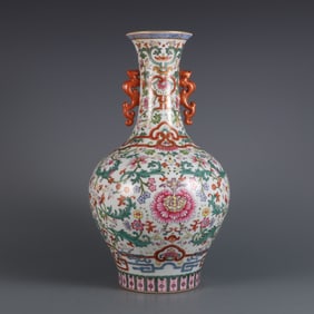 An Exquisite Famille-Rose Lotus Pattern Double-Ears Vase