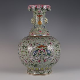 An Exquisite Famille-Rose Celadon Glazed Bats and Peach Pattern Lotus Pattern Double-Ears Vase