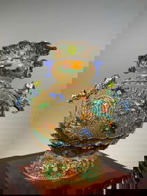 An Exquisite Gilt Silver Inlaid Gems Fish and Lotus Pattern Flower and Fruit Pattern Vase