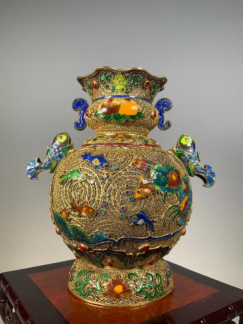 An Exquisite Gilt Silver Inlaid Gems Fish and Lotus Pattern Flower and Fruit Pattern Vase (1 of 8)