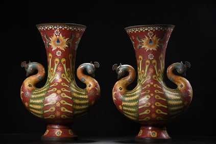A Pair of Exquisite Cloisonne Lotus Pattern Double-Ears Vase