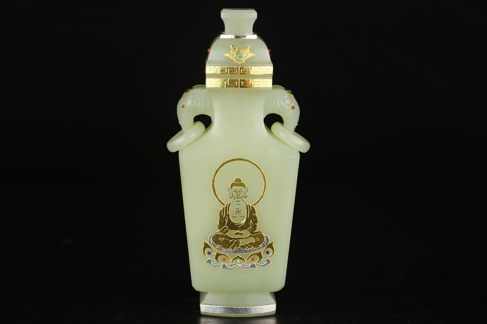 An Exquisite White Jade Inlaid Gold and Silver Buddha Statue Pattern Double-Ears Vase (1 of 9)