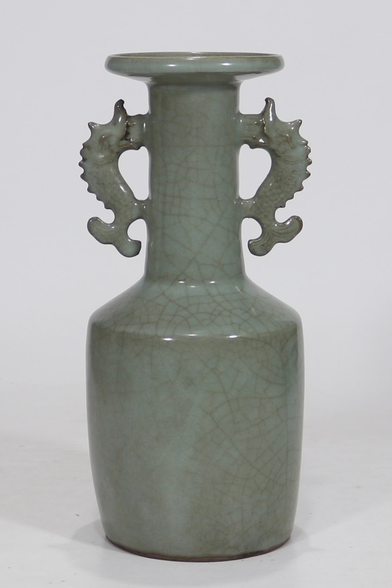 An Exquisite Guan yao Celadon Glazed Double-Ears Vase: An Exquisite Guan yao Celadon Glazed Double-Ears Vase Song Dynasty, China Size:10.8in官窑青釉鱼耳瓶 中国宋代 Size:27.5cm