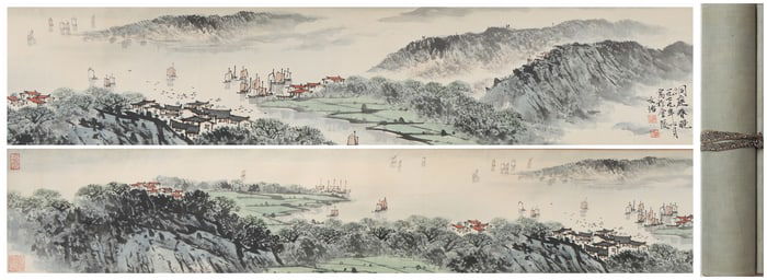 A Chinese Hand Scroll Ink Painting of Landscape on Paper