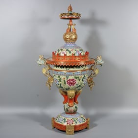An Exquisite Famille-Rose Painted Gold Lotus Pattern Dragon Pattern Double-Ears Censer