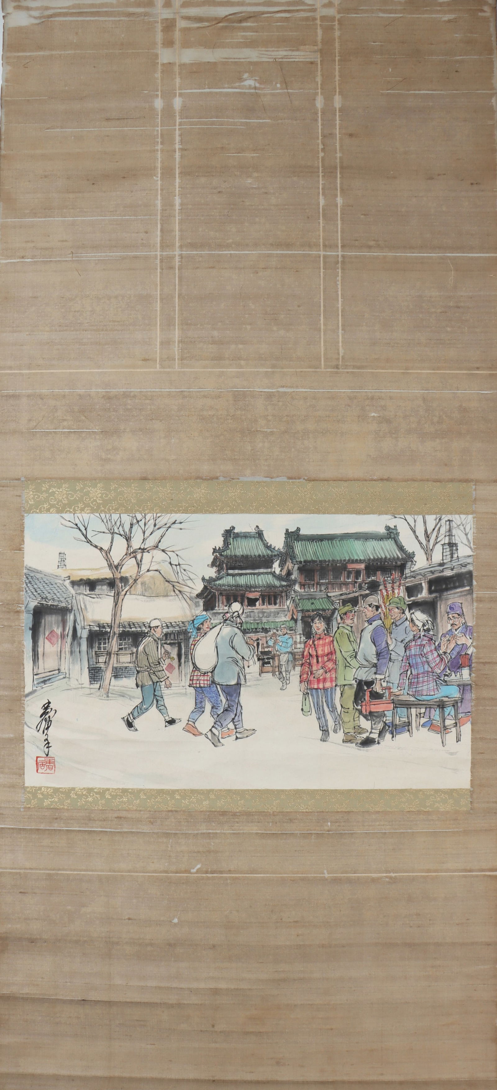 A Chinese Vertical Scroll Ink Painting of Character and Story on Paper: A Chinese Vertical Scroll Ink Painting of Character and Story on Paper Huang zhou Size:10.2inx16.9in黄胄人物 纸本立轴Size:26cmx43cm