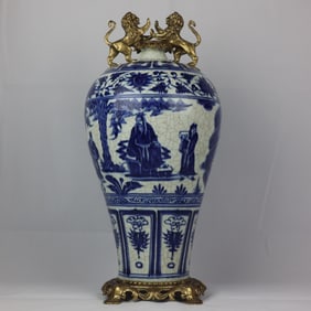 An Exquisite Blue and White Inlaid Bronze Character and Story Pattern Lotus Pattern Double-Ears Vase