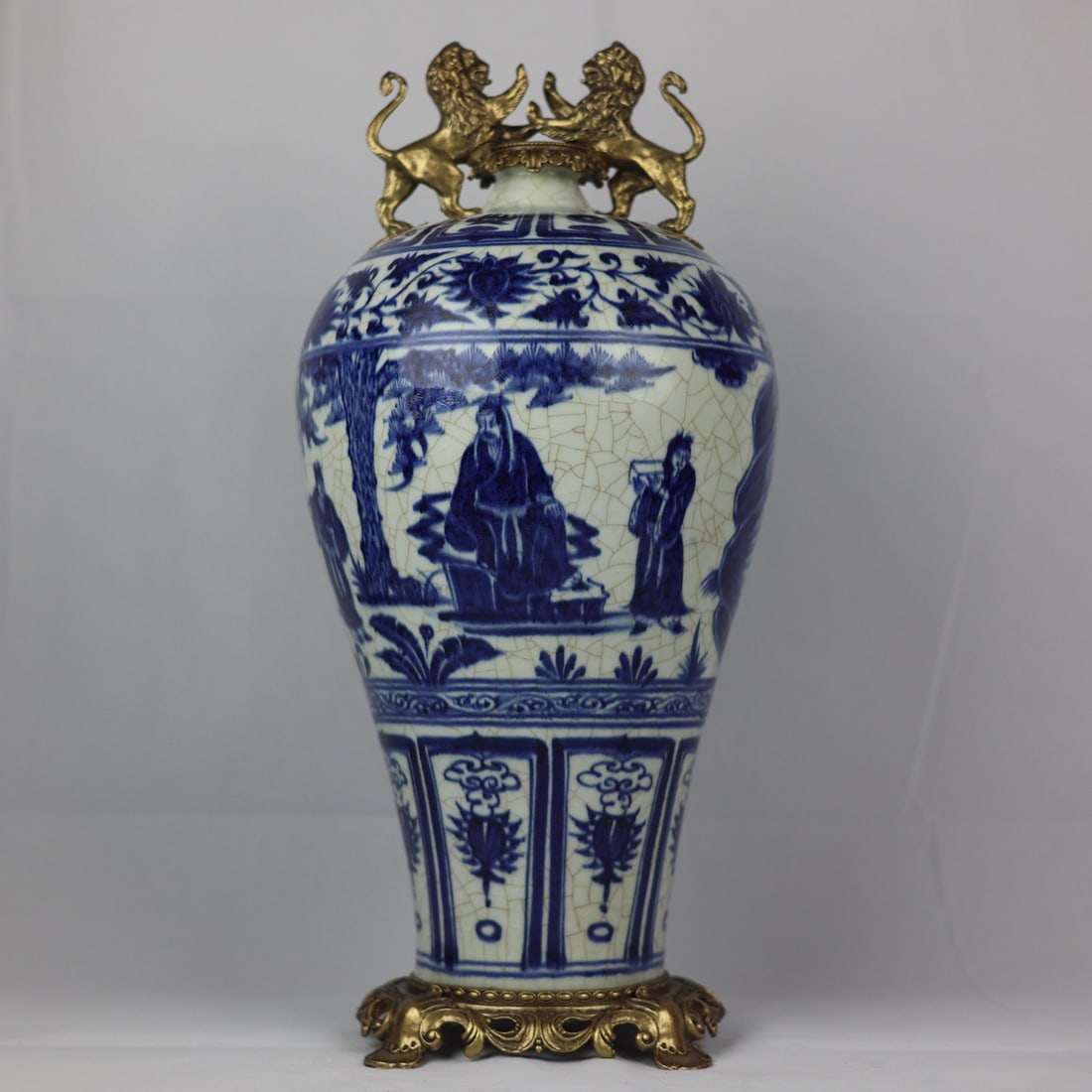 An Exquisite Blue and White Inlaid Bronze Character and Story Pattern Lotus Pattern Double-Ears Vase: An Exquisite Blue and White Inlaid Bronze Character and Story Pattern Lotus Pattern Double-Ears Vase Yuan Dynasty, China